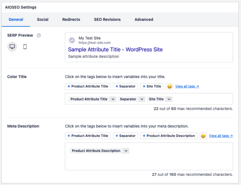 all in one seo settings for product attribute