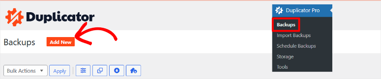 duplicator pro add new backup
