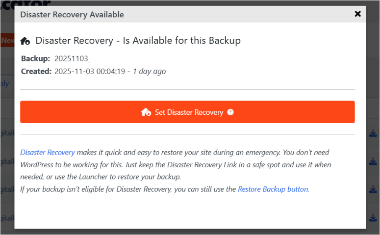 duplicator pro disaster recovery popup