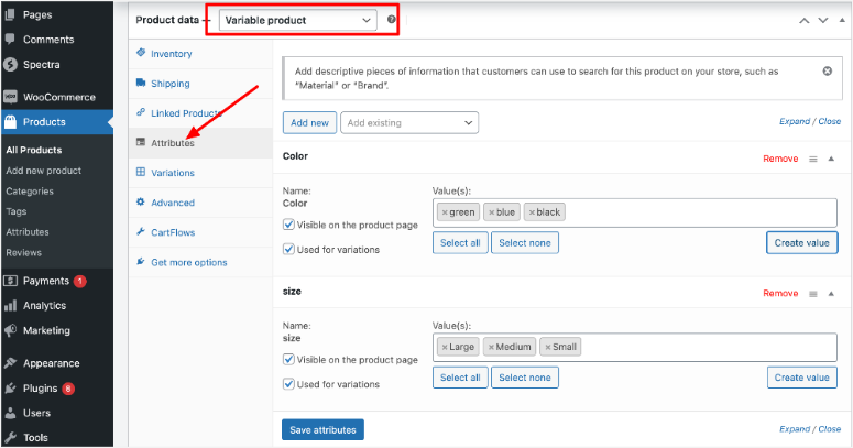 woocommerce adding attributes