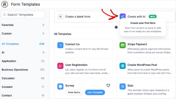 formidable form templates create with ai
