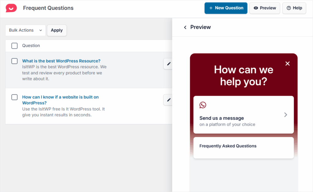 wpchat frequent questions preview