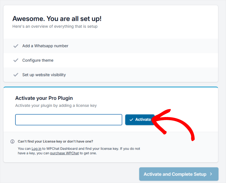 wpchat setup wizard activate license key