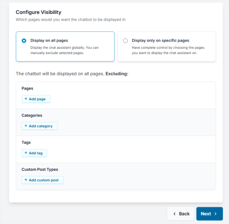 wpchat setup wizard choose display pages