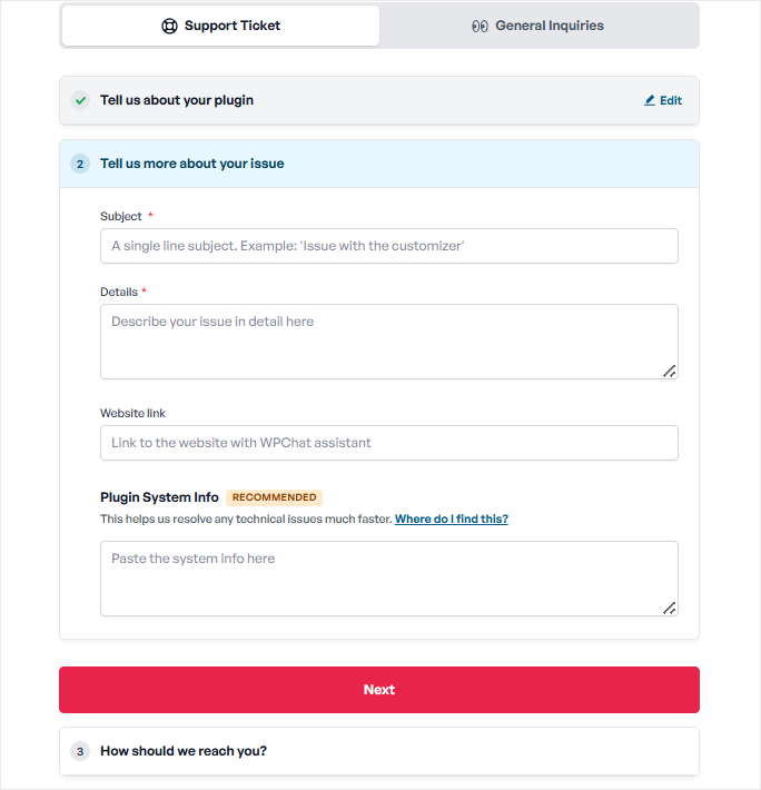 wpchat support ticket