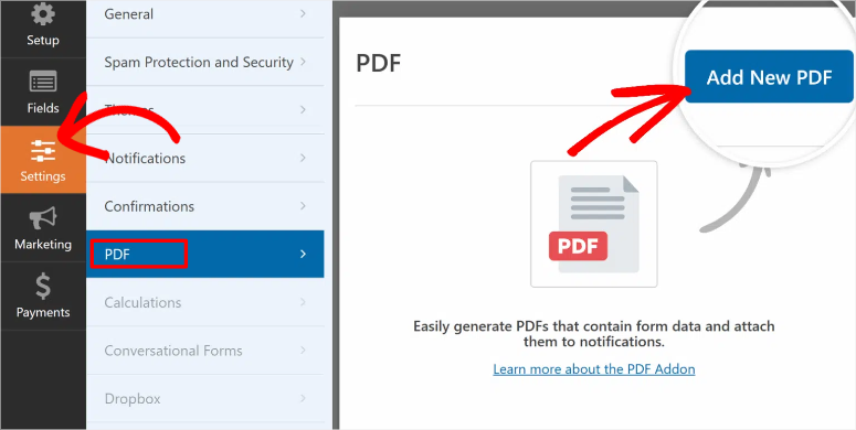 wpforms add pdf setting