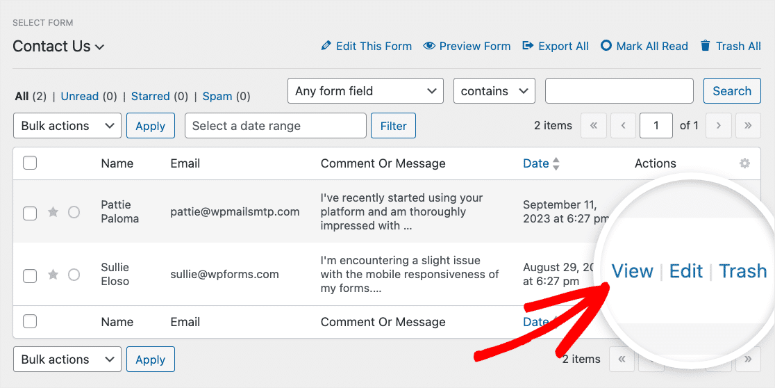 wpforms click to view individual entry