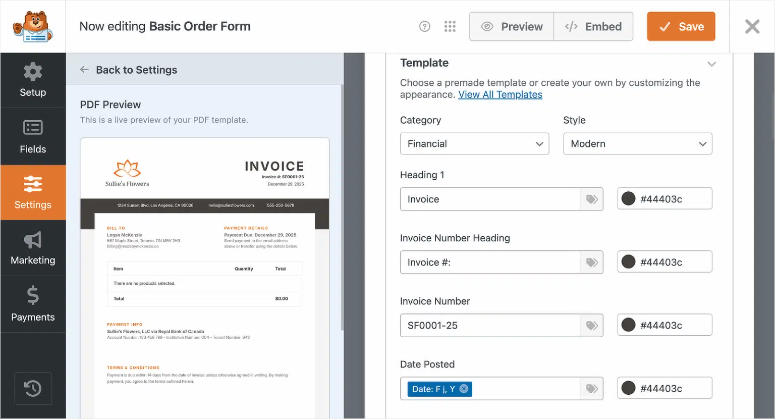 wpforms financial pdf template