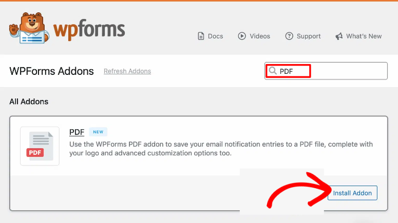 wpforms install pdf addon