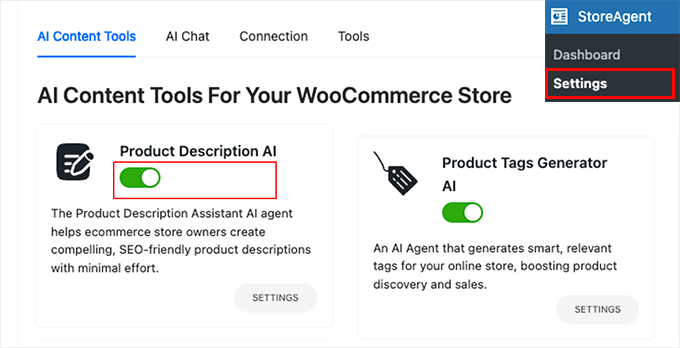 activate product description ai agent in store agent