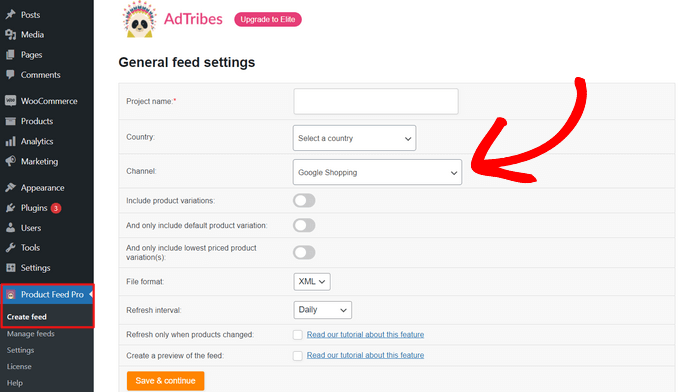 adtribes enter general feed settings choose channel