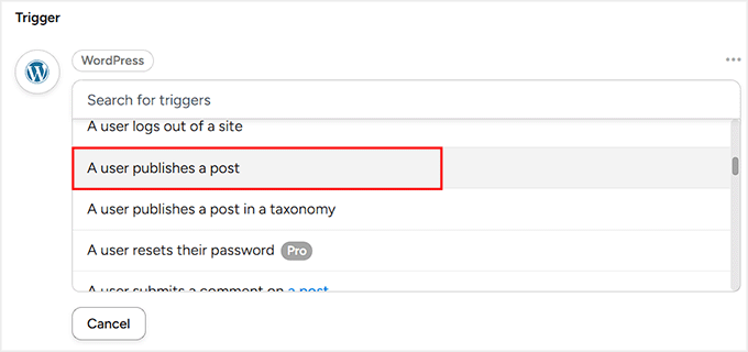 choose a user publishes post as trigger type in uncanny automator