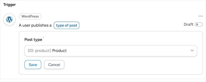 choose product as the post type for the trigger in uncanny automator