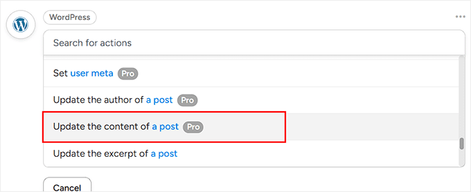 choose to update content of a post as wordpress action