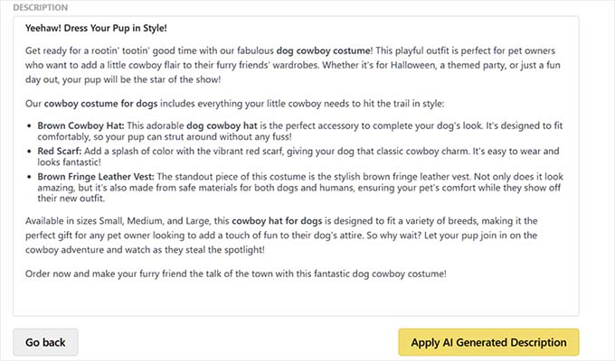 preview of ai description generated with storeagent