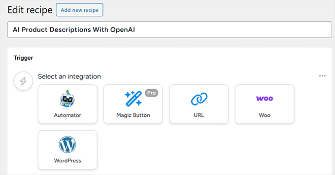 uncanny automator app recipe title and choose wordpress as trigger integration