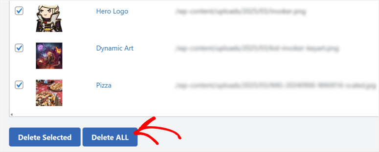 delete-buttons - IsItWP - Detector gratuit de teme WordPress Delete Selected îți permite să elimini doar fișierele pe care le-ai revizuit și ai confirmat că sunt sigure de șters.