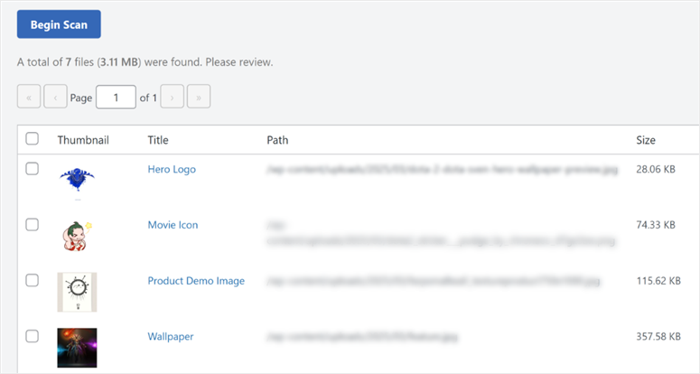 scan-results-table - IsItWP - Detector gratuit de teme WordPress Tabelul de rezultate arată o previzualizare miniaturală, calea fișierului, numărul de apariții în baza de date (0 = nefolosit) și dimensiunea fișierului.
