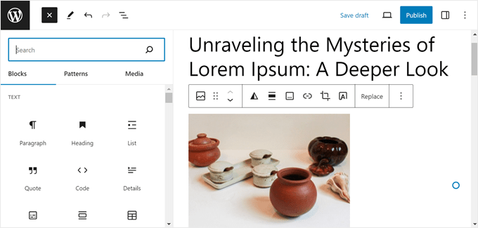 he block inserter gives you every content type like headings, images, buttons, columns, and more.