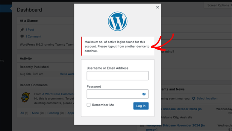 erro de login bloqueado