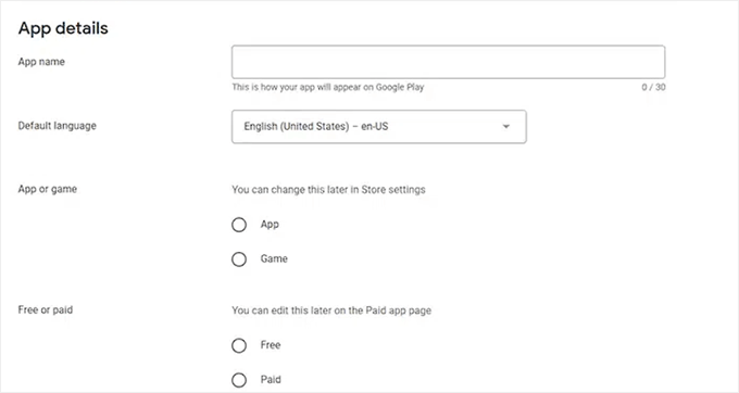 google-play-app-creation-form