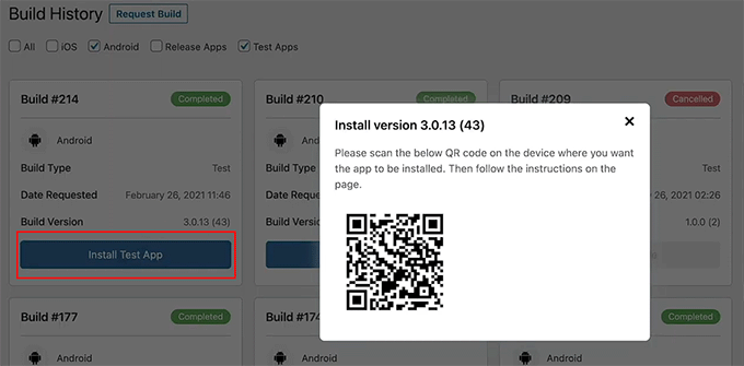 install test version of app in buddyboss app