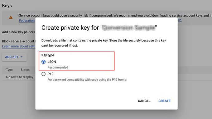 google-cloud-api-key-json-type-selected