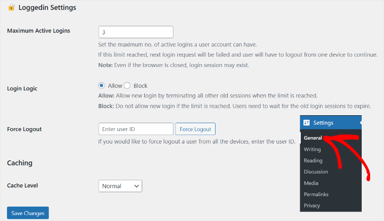 painel de configurações loggedin