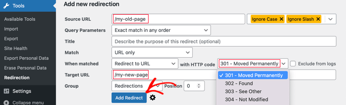 he Redirection plugin . Your old URL goes on the left, the new WordPress URL on the right.