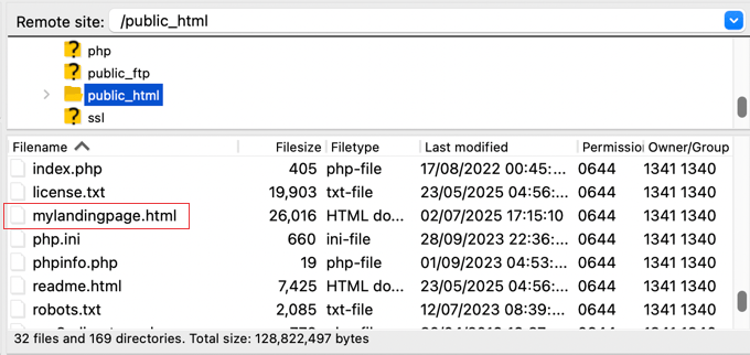 Your HTML file sits in the public_html root directory. Accessible via its direct URL.