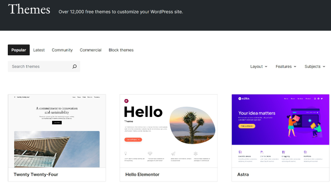 Hundreds of free themes are available in the WordPress themes directory. Filter by layout type to narrow things down.