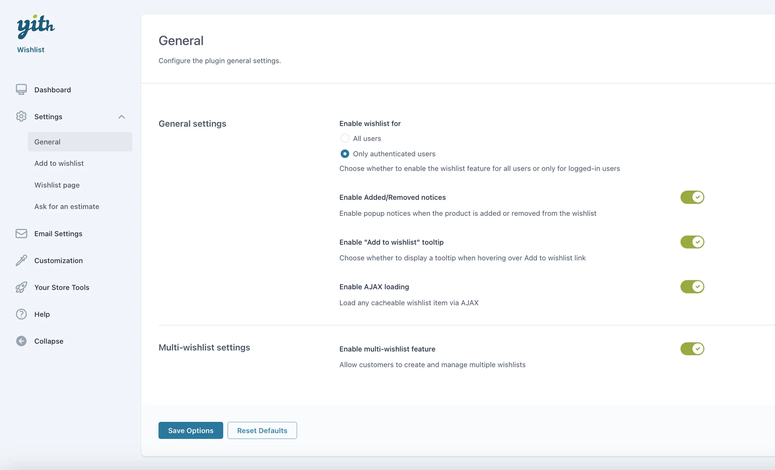 yith woocommerce wishlist admin settings panel