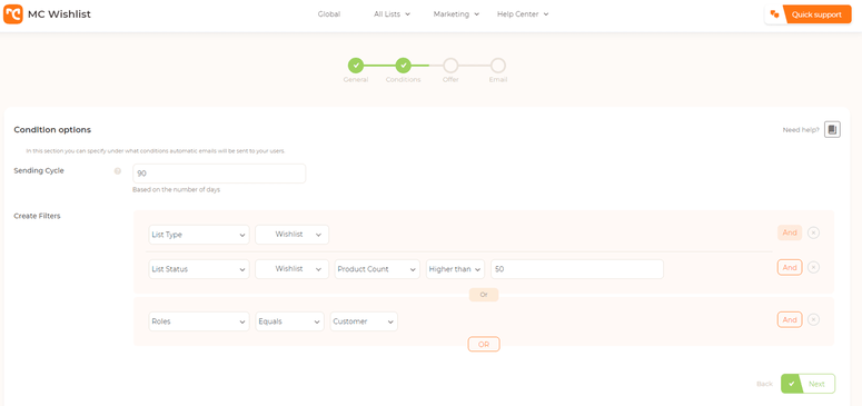 moreconvert wishlist email automation settings in WordPress admin