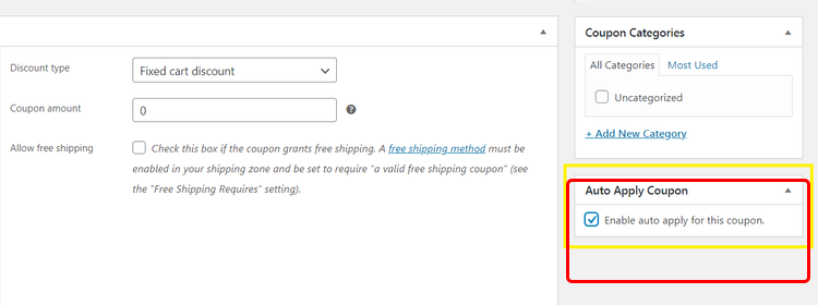 Advanced Coupons Auto Apply Coupon panel with "Enable auto apply for this coupon" checkbox enabled