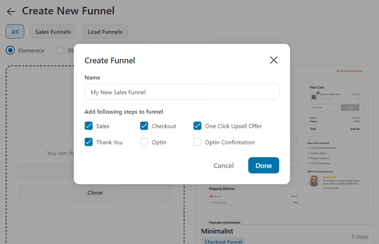 Popup Criar Funil do FunnelKit mostrando o campo de nome do funil e as caixas de seleção de etapa, incluindo Checkout, Oferta de Upsell de Um Clique e Obrigado - IsItWP - Detector Gratuito de Temas WordPress popup de criação de funil funnelkit com seleção de etapa