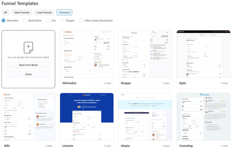 Biblioteca de modelos de checkout Aero do FunnelKit mostrando os modelos de página de checkout disponíveis - IsItWP - Detector Gratuito de Temas WordPress biblioteca de modelos de checkout aero funnelkit