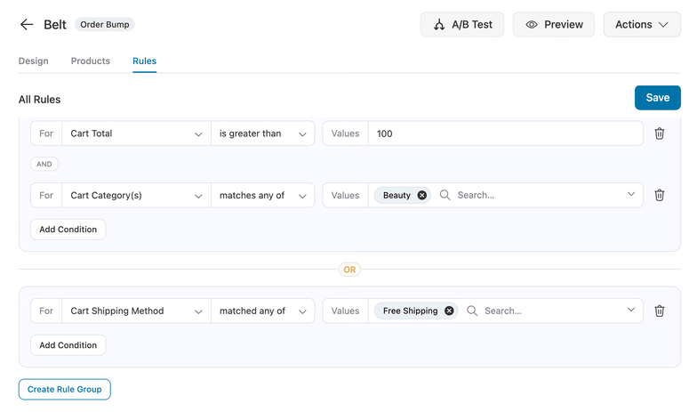 Painel de condições do mecanismo de regras do FunnelKit para definir regras de segmentação em ofertas e automações - IsItWP - Detector Gratuito de Temas WordPress painel de condições do mecanismo de regras do funnelkit