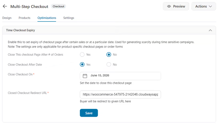 FunnelKit Time Checkout Expiry panel with Close Checkout After Date set to Yes and June 15, 2026 entered