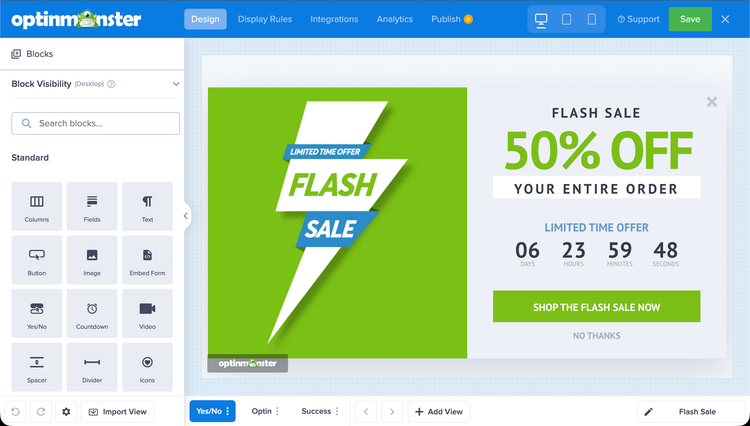 OptinMonster campaign builder showing a flash sale popup template with countdown timer
