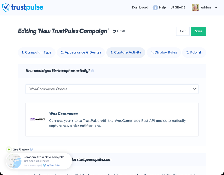 TrustPulse Capture Activity tab with WooCommerce Orders selected