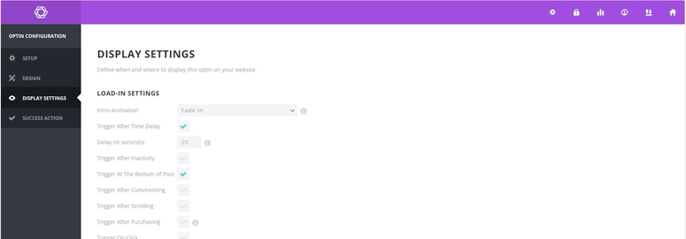 Configuración de visualización y opciones de segmentación de Bloom en el administrador de WordPress