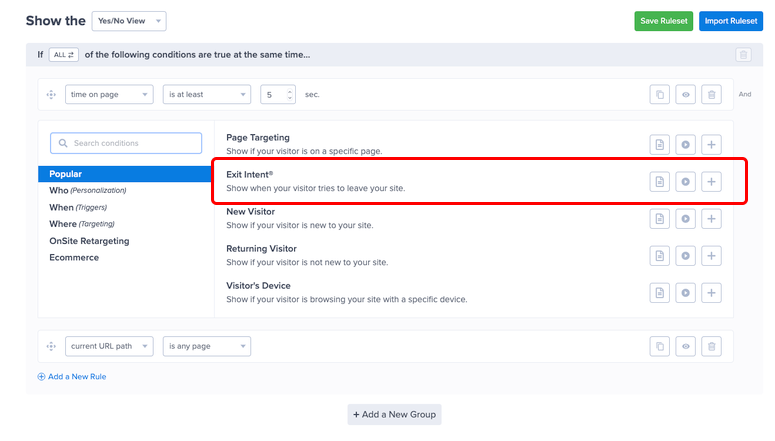 Configuración de segmentación por intención de salida de optinmonster en el panel de administración