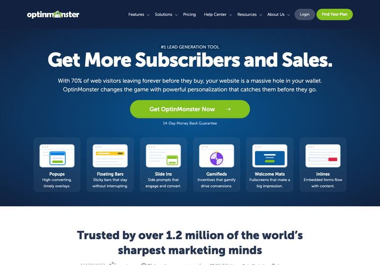 optinmonster-homepage - IsItWP - Detector de Temas de WordPress Gratis Banner principal para OptinMonster: texto en negrita 'Consigue Más Suscriptores y Ventas' sobre un degradado azul con un botón CTA brillante en verde '¡Consigue OptinMonster Ahora!'.