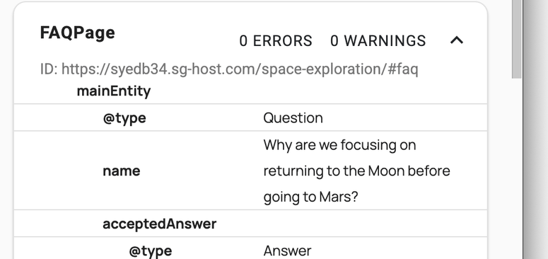 Schema.org Validator showing a valid FAQPage entry with 0 errors and 0 warnings for the published page