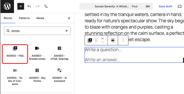 Searching for and inserting the AIOSEO FAQ block in the WordPress block editor
