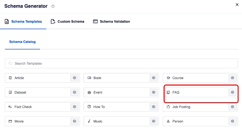 AIOSEO Schema Generator panel with the FAQ schema type highlighted in the Schema Catalog