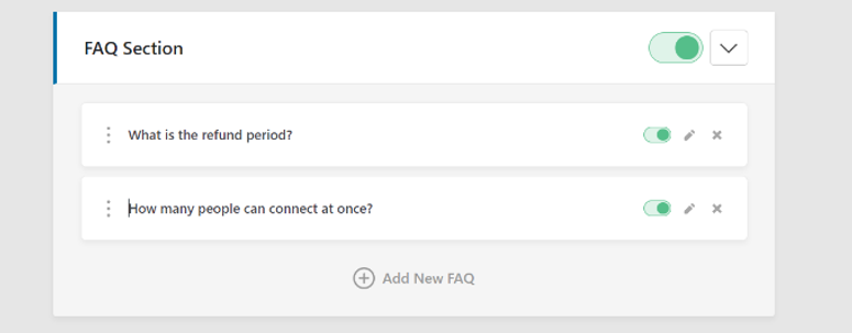 Heroic FAQs block builder showing grouped questions with the Add New FAQ option
