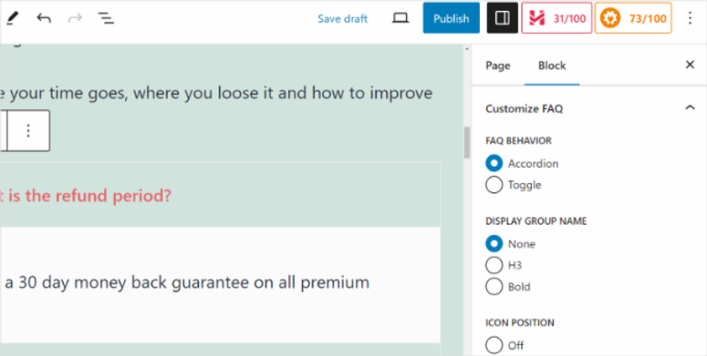 Heroic FAQs Customize FAQ settings panel showing the Accordion and Toggle FAQ Behavior options