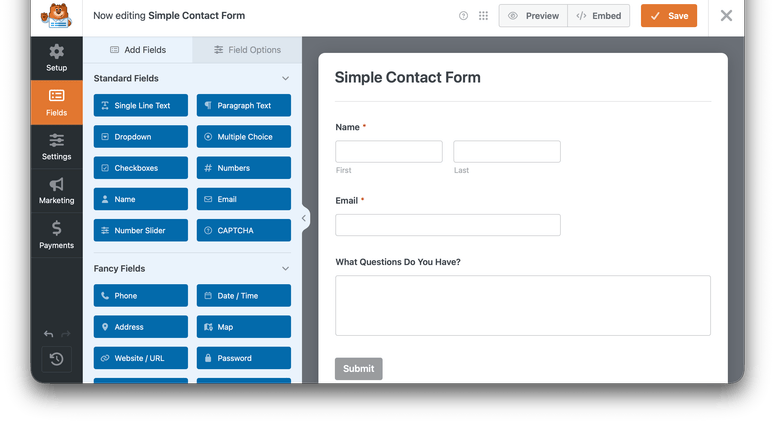 WPForms builder showing a simplified Ask a Question form with name, email, and question fields