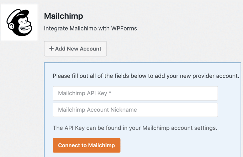 Configuración de integración de Mailchimp de WPForms en el administrador de WordPress